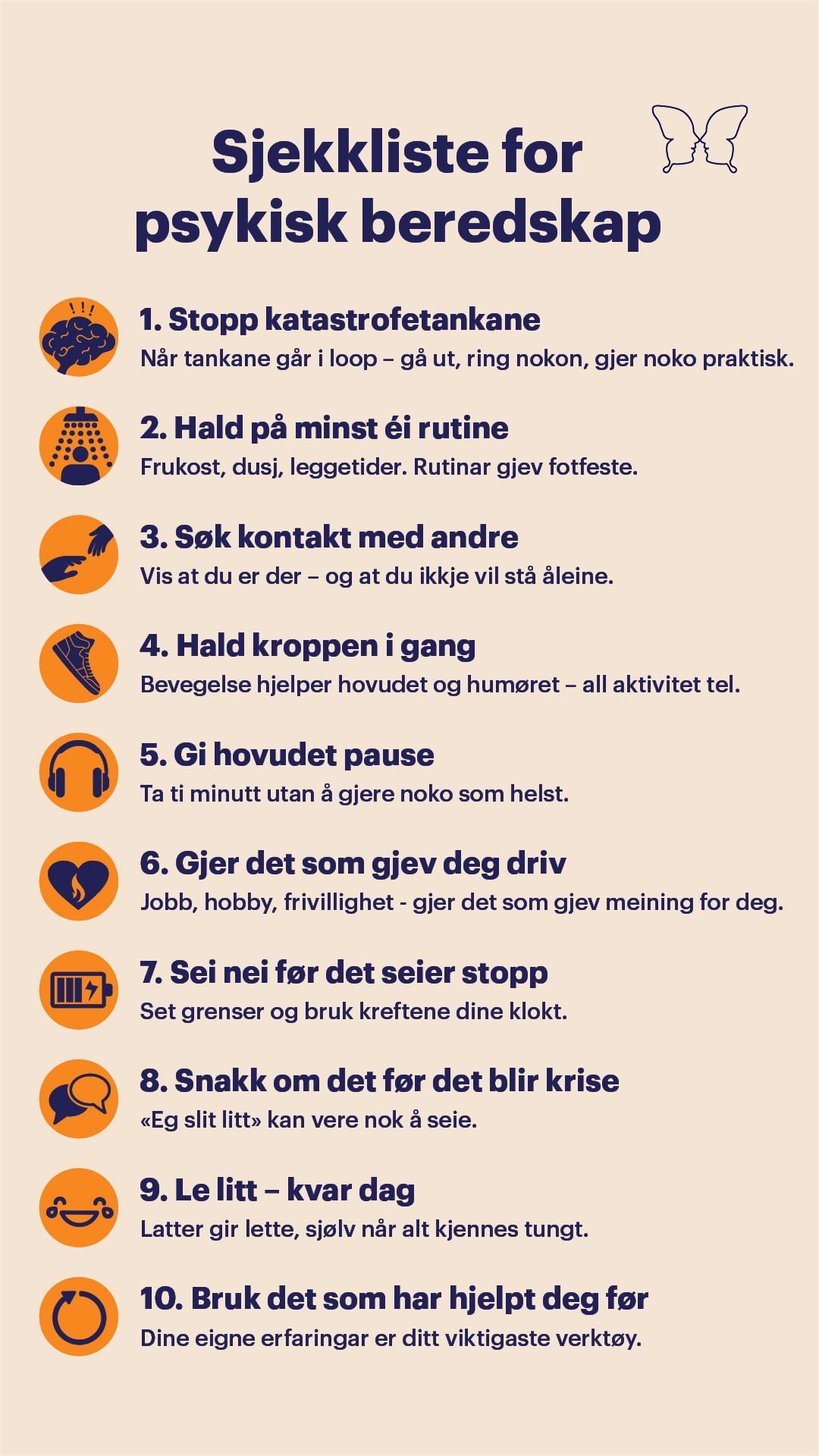 sjekkliste for psykisk beredskap 10 punkt - Klikk for stort bilete