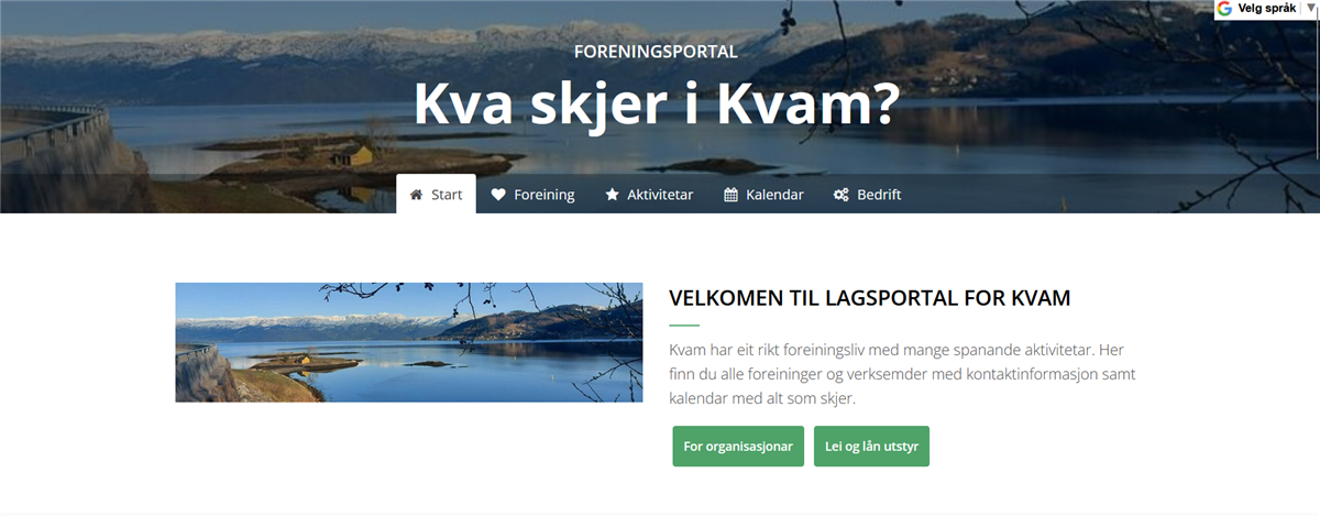Skjermdump som syner sidetittel og meny på skjerikvam.no - Klikk for stort bilete
