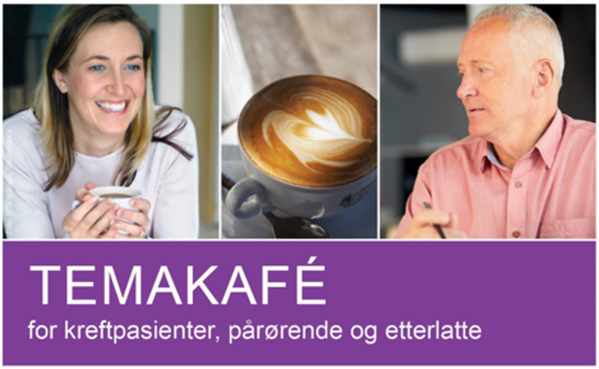 Annonse for temakafe. Bilde av mann og kvinne i ulike aldrar, samt kaffikopp. - Klikk for stort bilete