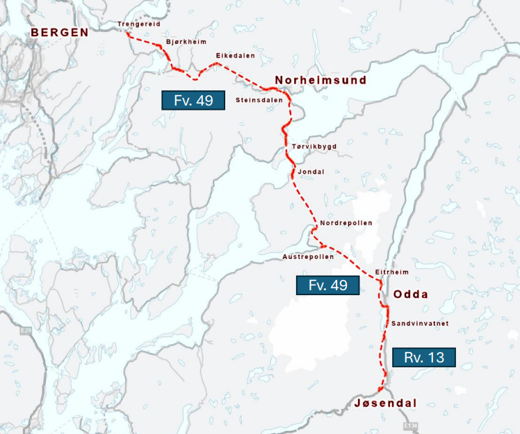 Kartutsnitt Hardanger og Bergen - Klikk for stort bilete