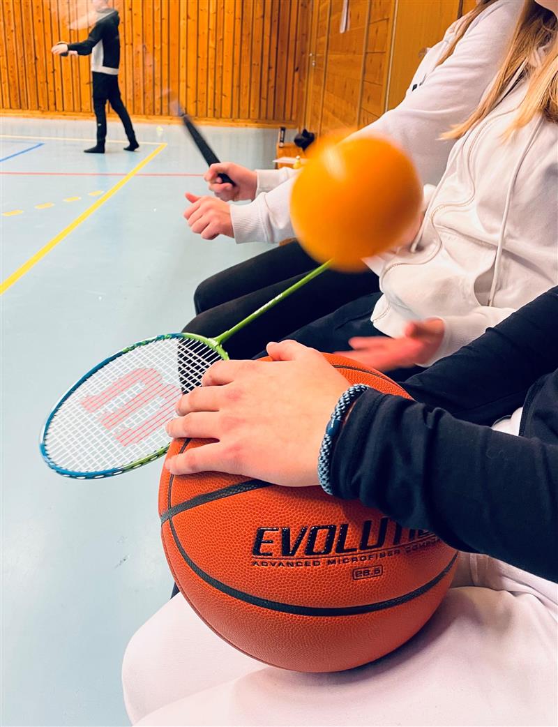 bilete frå ungdom i idrettshall. baksetball og badmington