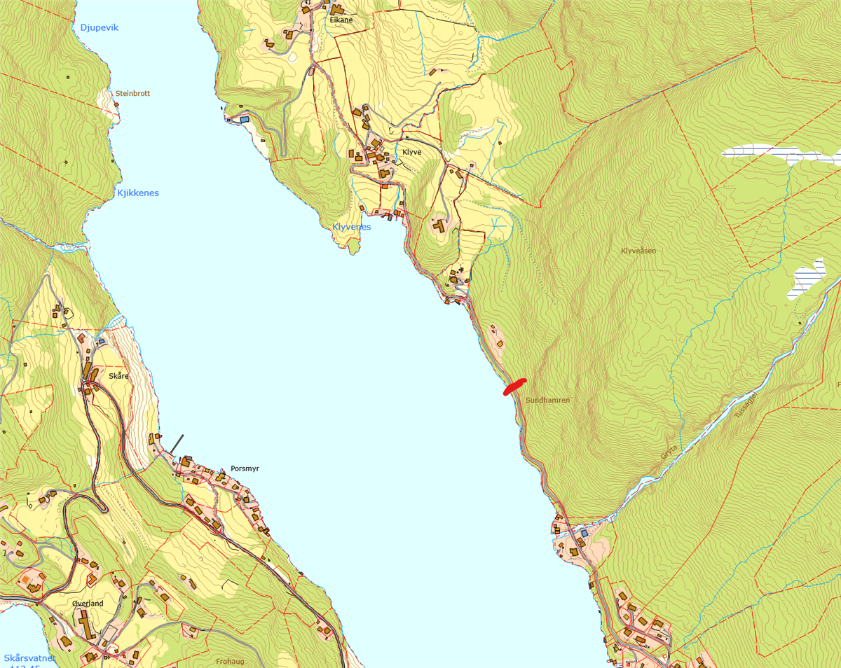 Kartutsnitt Klyvevegen - Klikk for stort bilete