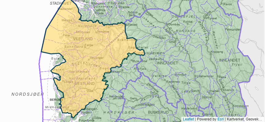 kartutsnitt, merkra område Vestland - Klikk for stort bilete